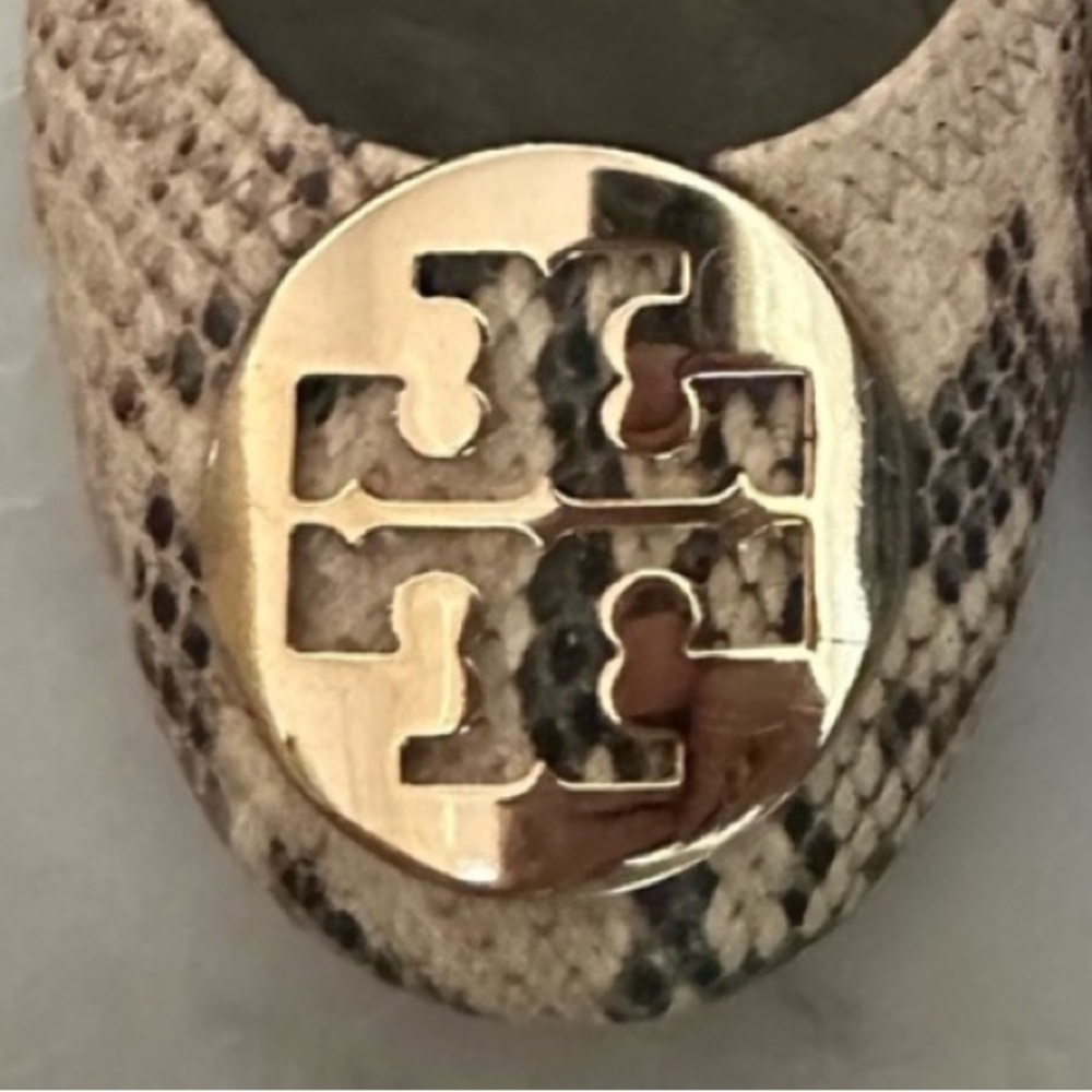 74# Tory Burch Snakeskin Flats with Gold Logo - Picture 5 of 9